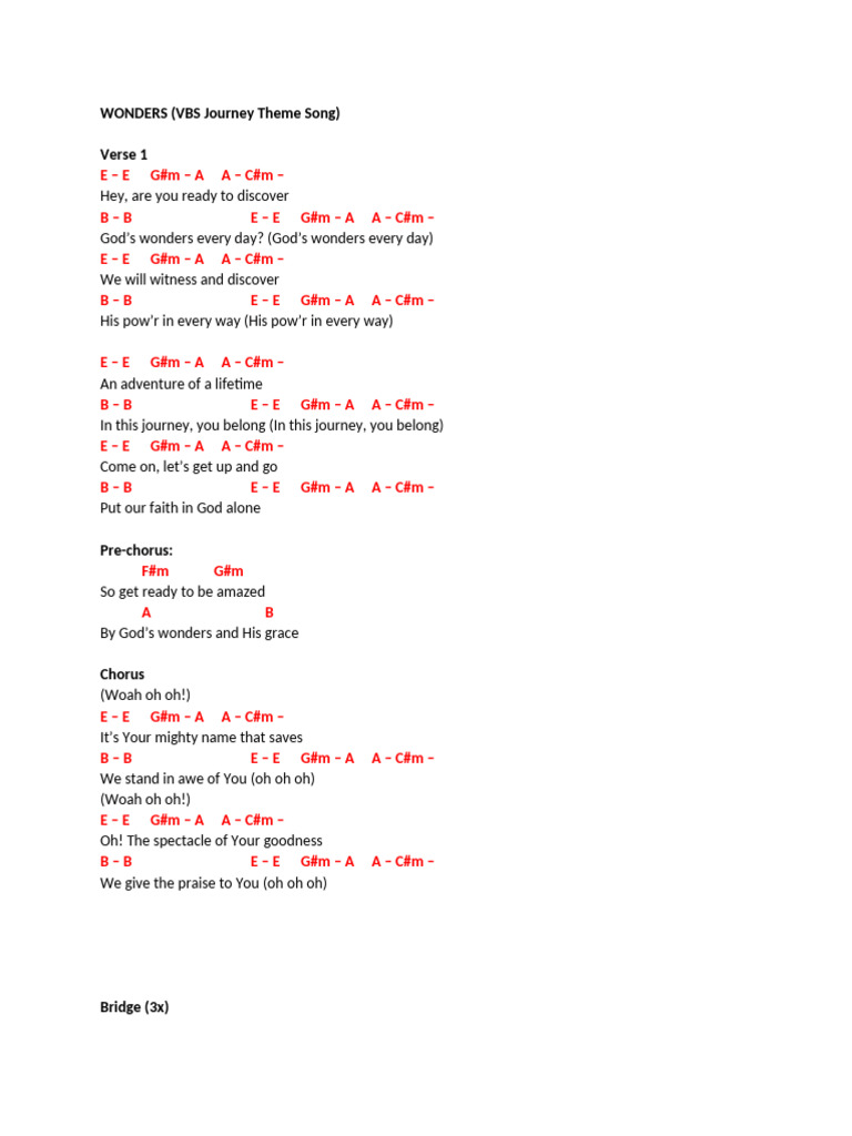 Wonders VBS Theme Song Lyrics | PDF