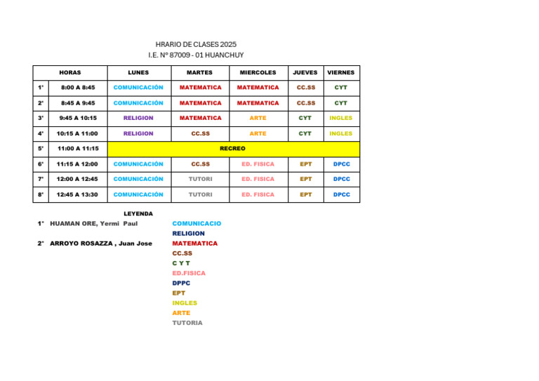 Horario 2025 - 1° Año de Secundaria | PDF