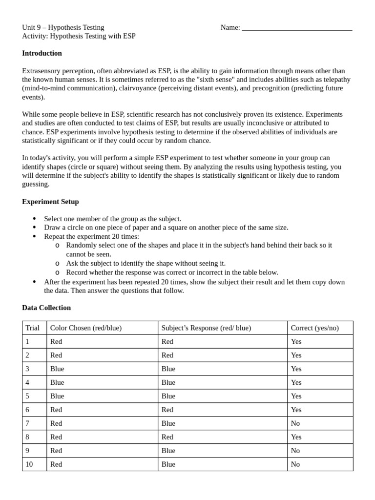 Activity - Hypothesis Testing with ESP N | PDF | Extrasensory ...