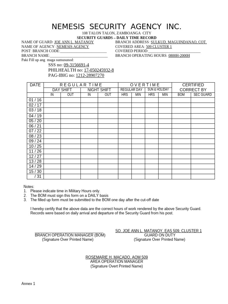 Daily Time Record for Security Guards | PDF