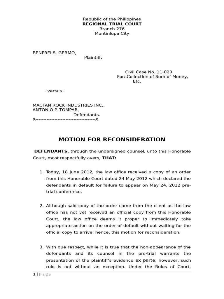 Motion for Reconsideration in Default Case | PDF | Lawsuit | Justice
