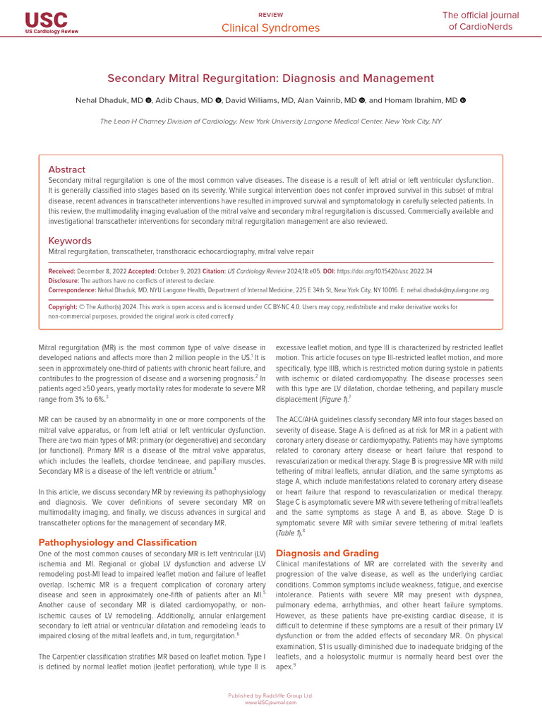 Secondary Mitral Regurgitation: Diagnosis and Management | PDF | Heart ...