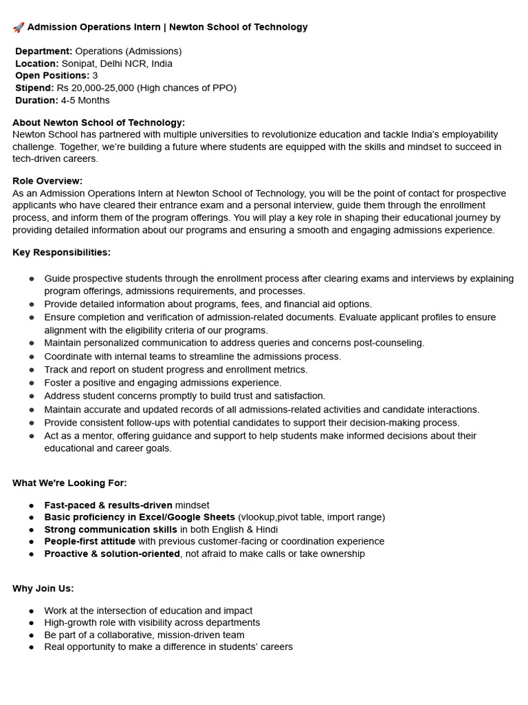 Admission Operations Intern at NST | PDF