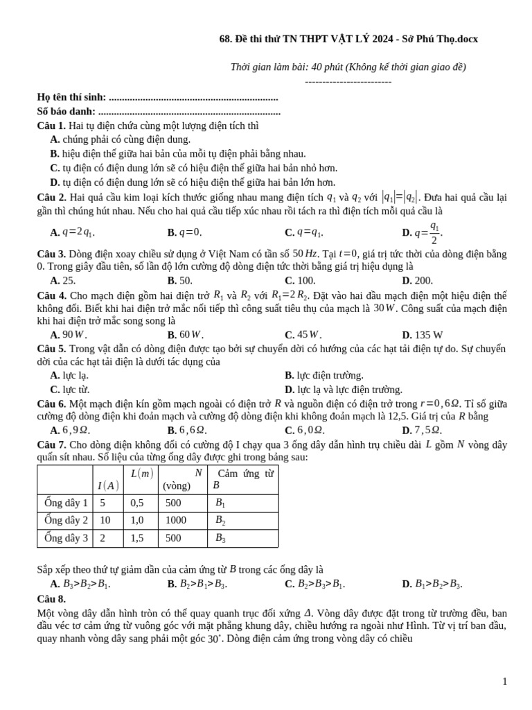 de Thi Thu TN THPT VAT LY 2024 - So Phu Tho - Docx 754a8f 22 03 2024 | PDF