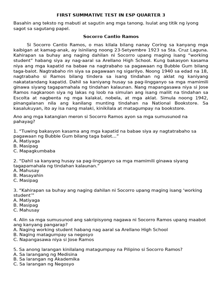 First Summative Test in Esp Quarter 3 | PDF