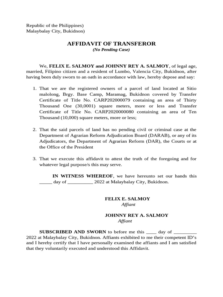 Affidavit of Land Transfer in Bukidnon | PDF