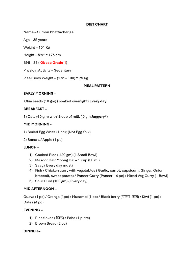 Obesity Diet Plan for Sumon Bhattacharjee | PDF