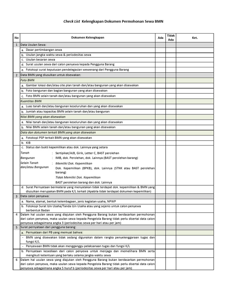 Checklist Sewa | PDF