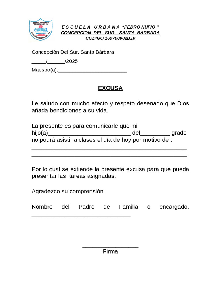 Formato de Excusa Escolar | PDF