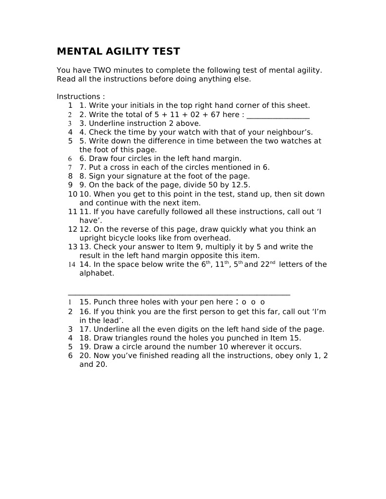 Mental Agility Test Instructions | PDF | Career & Growth | Home & Garden