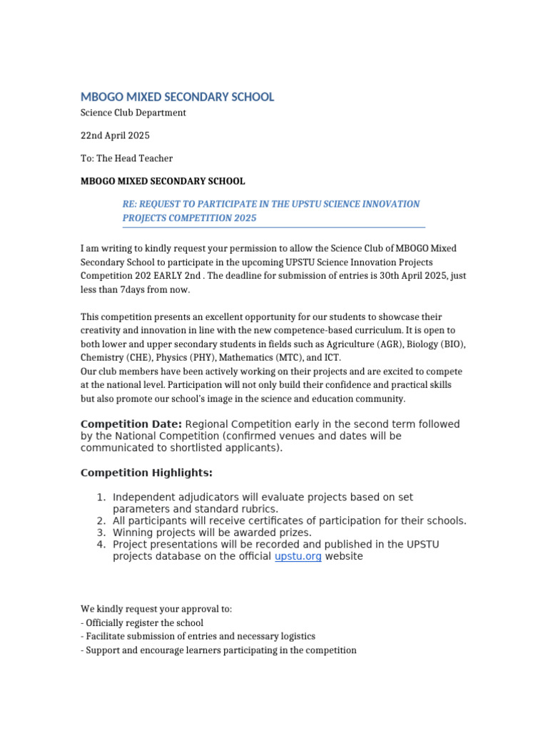 Science Club Competition Request Mbogo | PDF