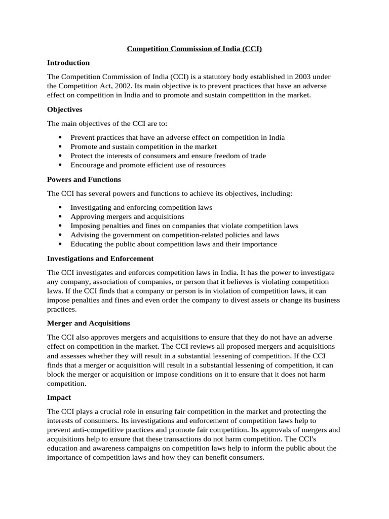 CCI: Powers and Objectives Overview | PDF | Competition Law | Mergers ...
