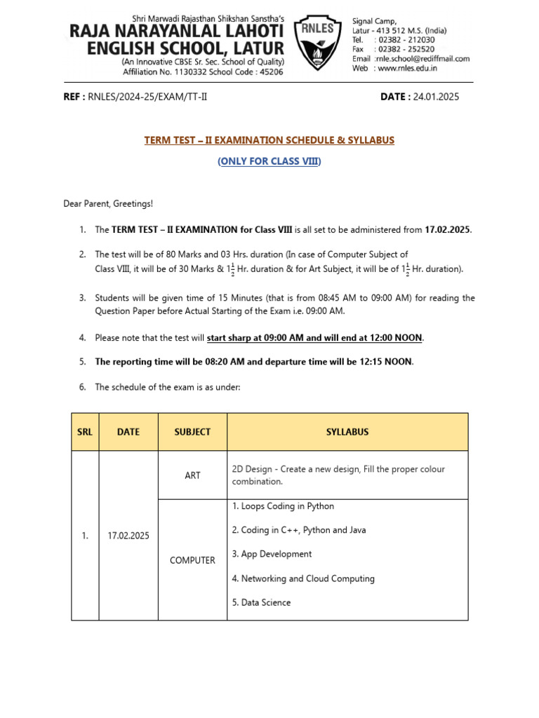 Class VIII Term Test II Syllabus 2025 | PDF | Mathematics