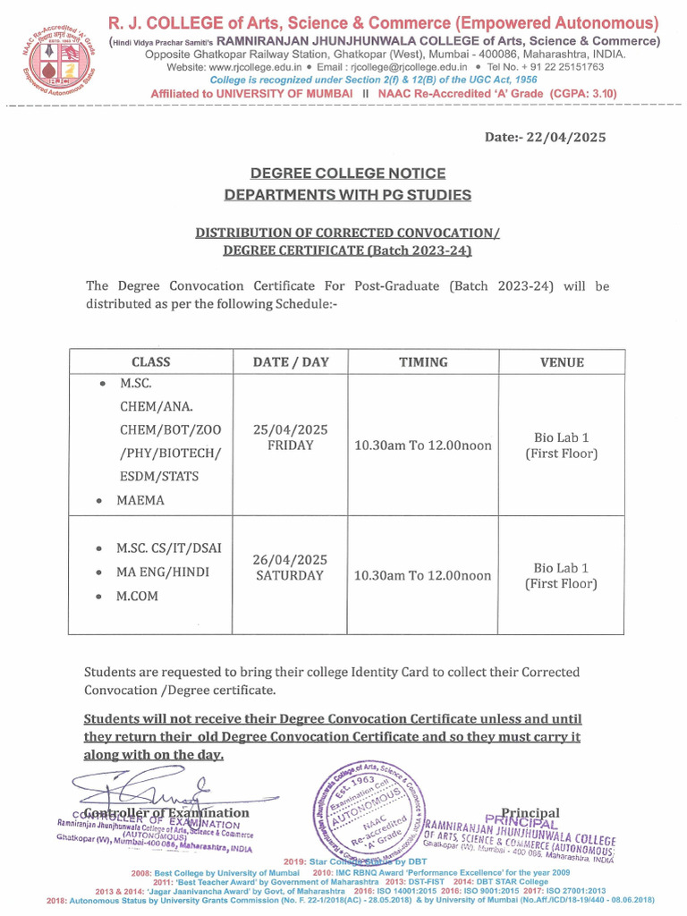 PG Distribution of Corrected Convocation Batch 2023-2024 | PDF