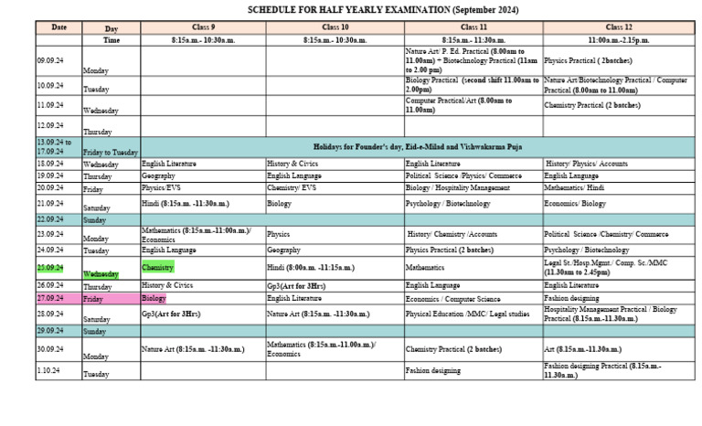 Half Yearly Exam Schedule 2024 | PDF