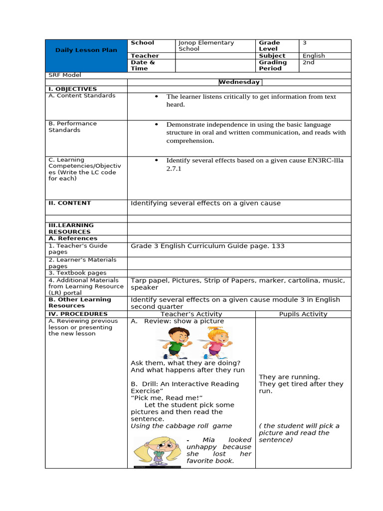Grade 3 English Cause and Effect Lesson Plan | PDF | Teachers | Learning