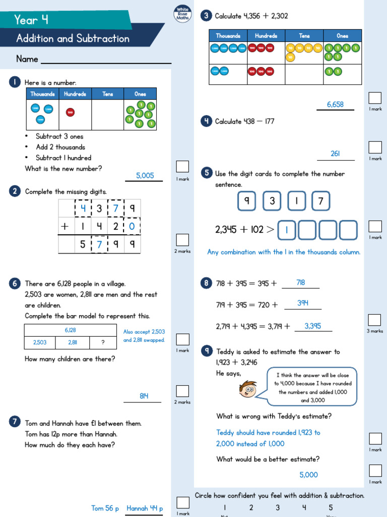 Year 4 Addition & Subtraction Practice | PDF | Arithmetic | Elementary ...
