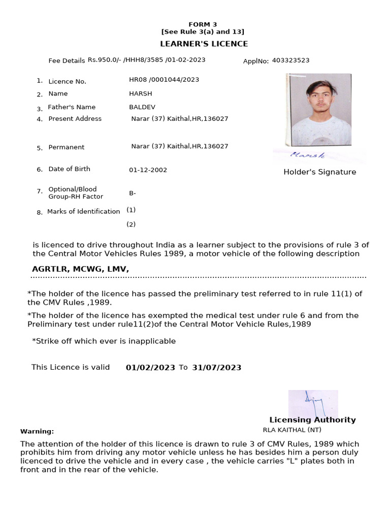 Learner's Licence Details for AGRTLR | PDF