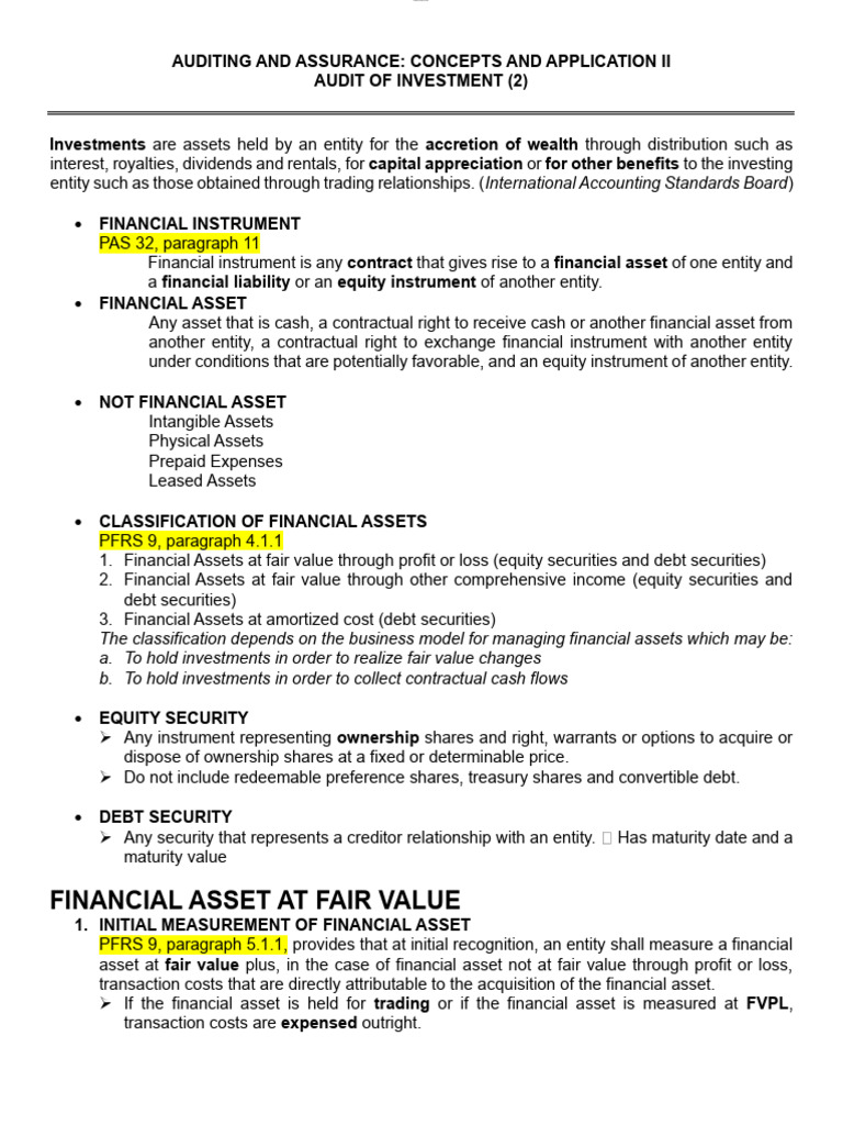 Investment Audit: Financial Asset Classification | PDF | Fair Value ...
