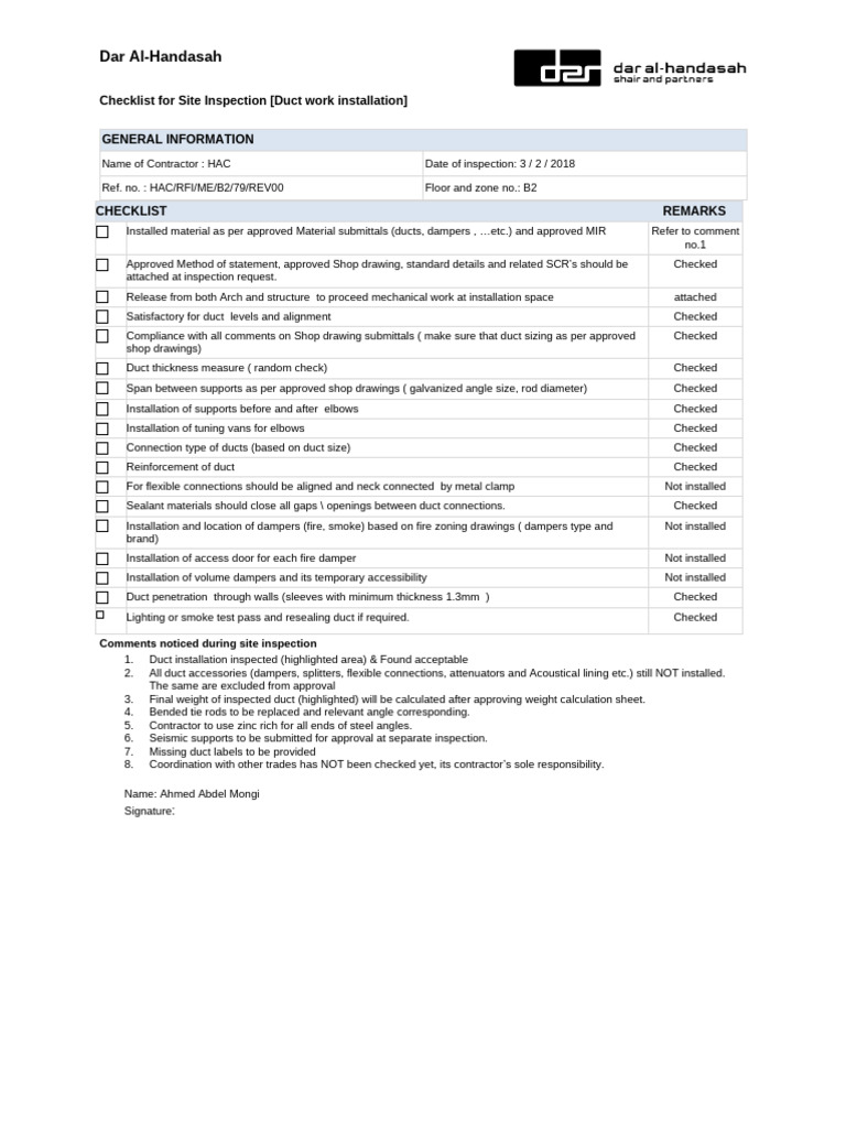 Site Inspection Checklist for Duct Work | PDF | Duct (Flow) | Building ...