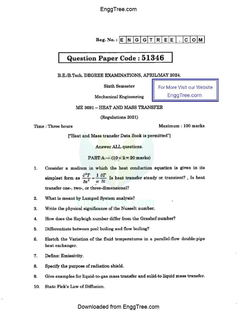 ME3691 Heat and Mass Transfer Apr May 2024 Question Paper Download | PDF