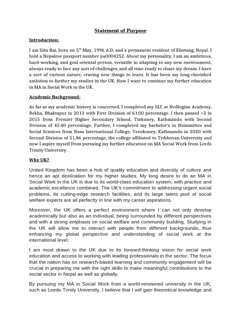 SOP of Gita Rai for MA Social work | PDF | Social Work | Mental Health