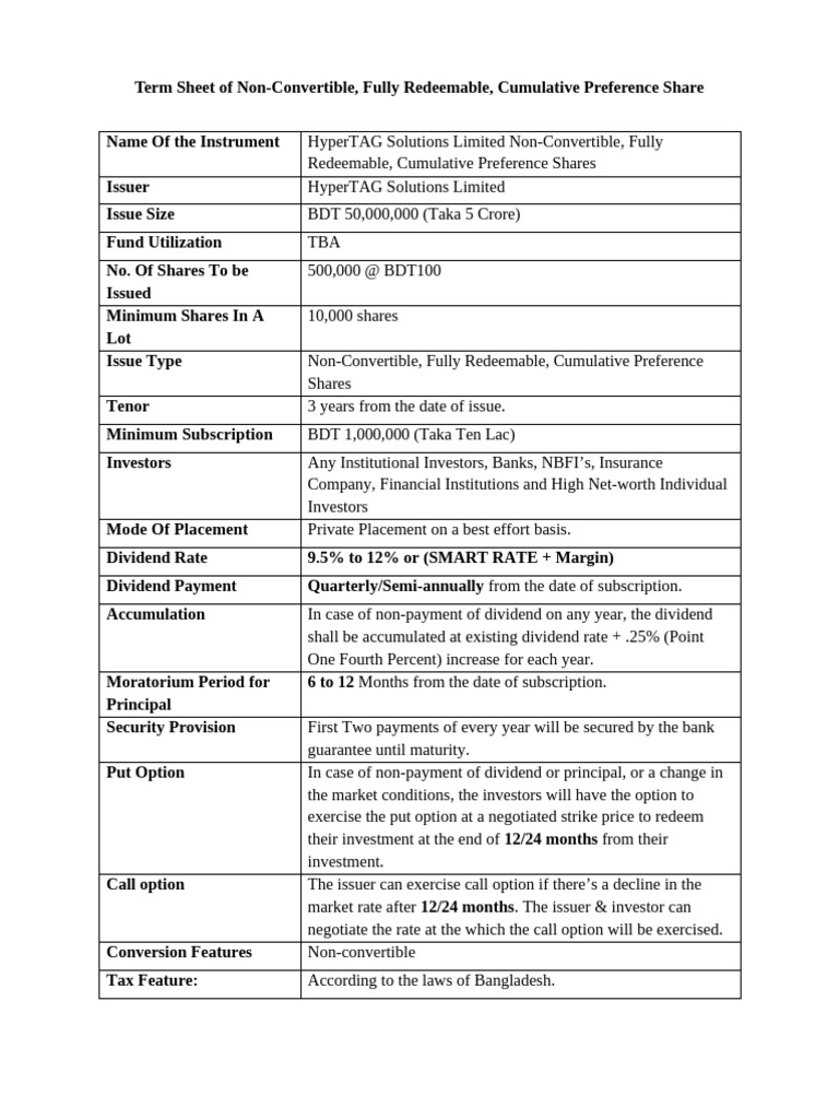 Preference Shares Term Sheet Overview | PDF | Preferred Stock | Dividend