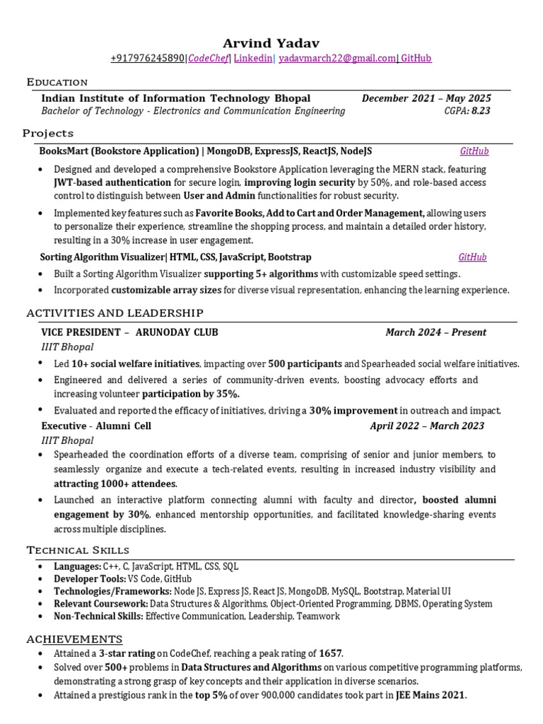 Arvind Yadav: IIIT Bhopal Profile | PDF | Java Script | Information ...