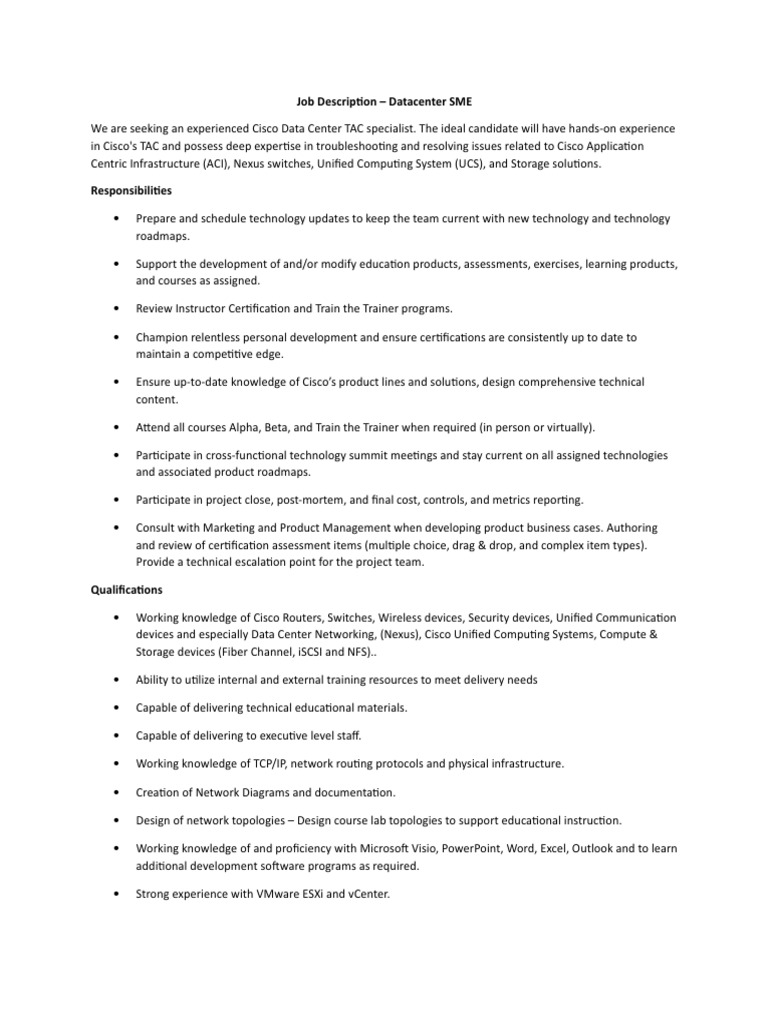 Cisco Data Center SME Job Description | PDF | Computer Networking ...