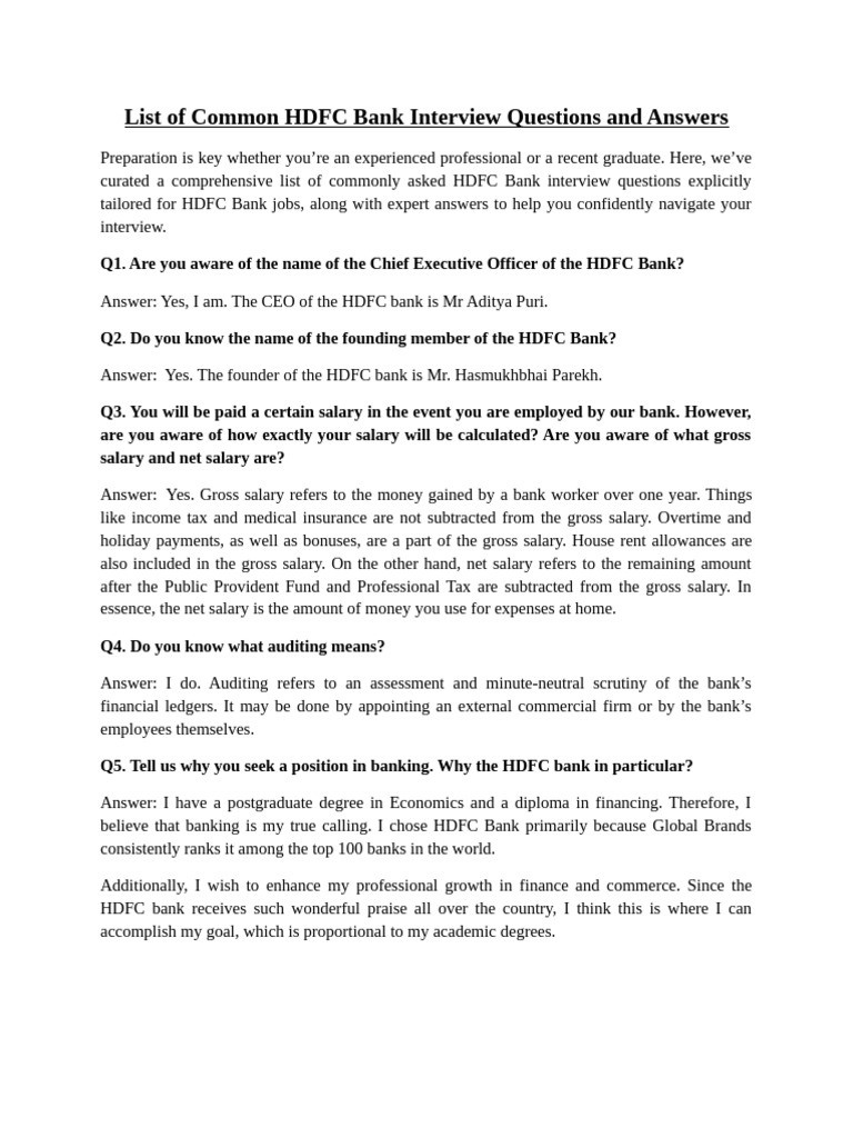 List of Common HDFC Bank Interview Questions and Answers | PDF | Salary ...