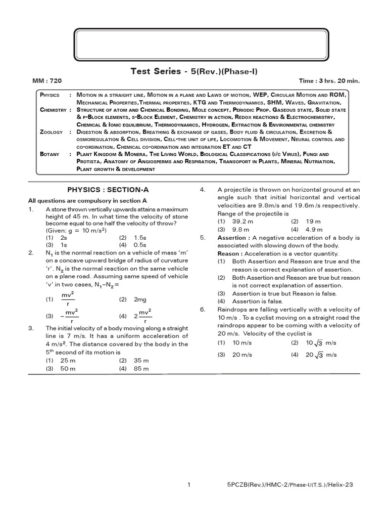 Physics and Chemistry Test Series | PDF | Chemistry | Acceleration