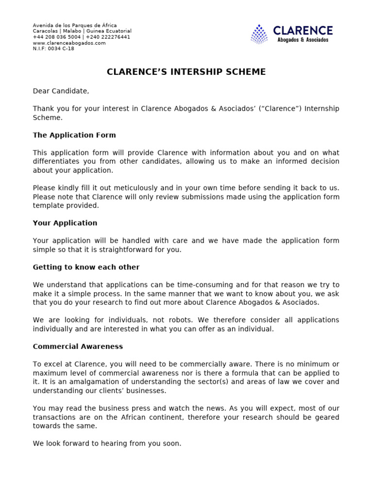 Clarence Abogados Internship Application Guide | PDF