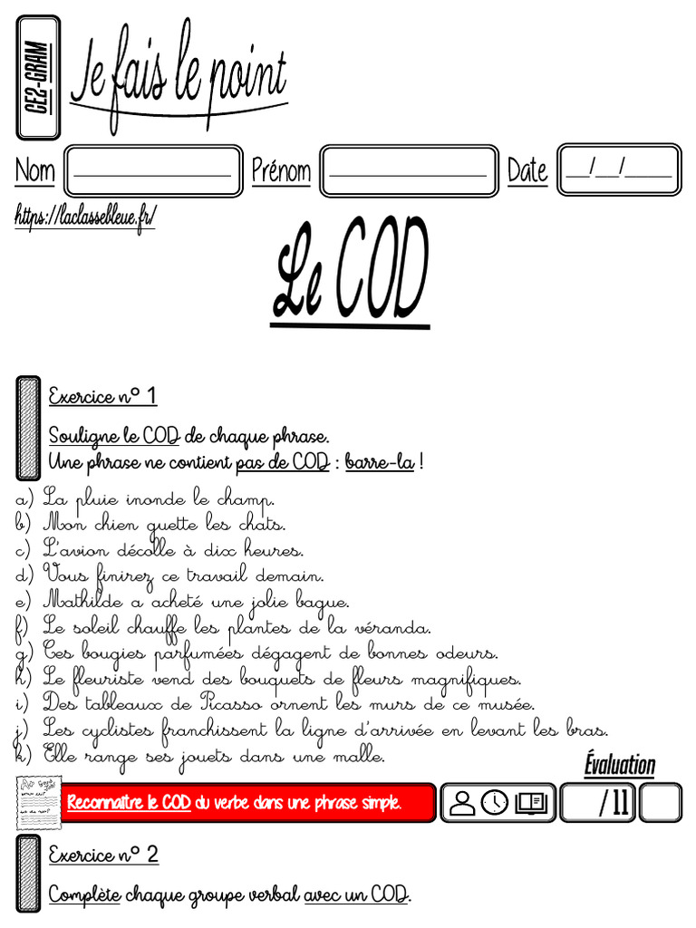 Exercices COD et COI CE2 | PDF