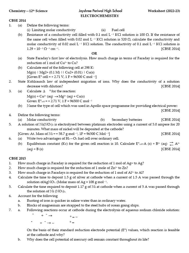 Electrochemistry Worksheet for 12th Science | PDF | Electrochemistry ...