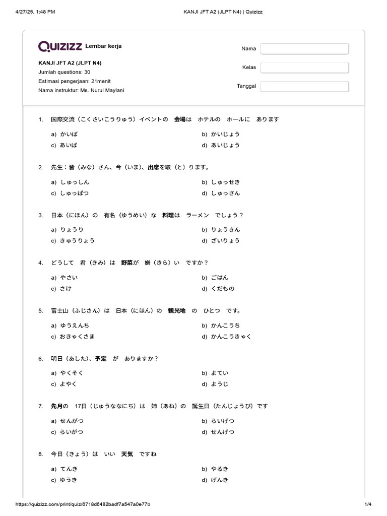 KANJI JFT A2 (JLPT N4) - Quizizz | PDF