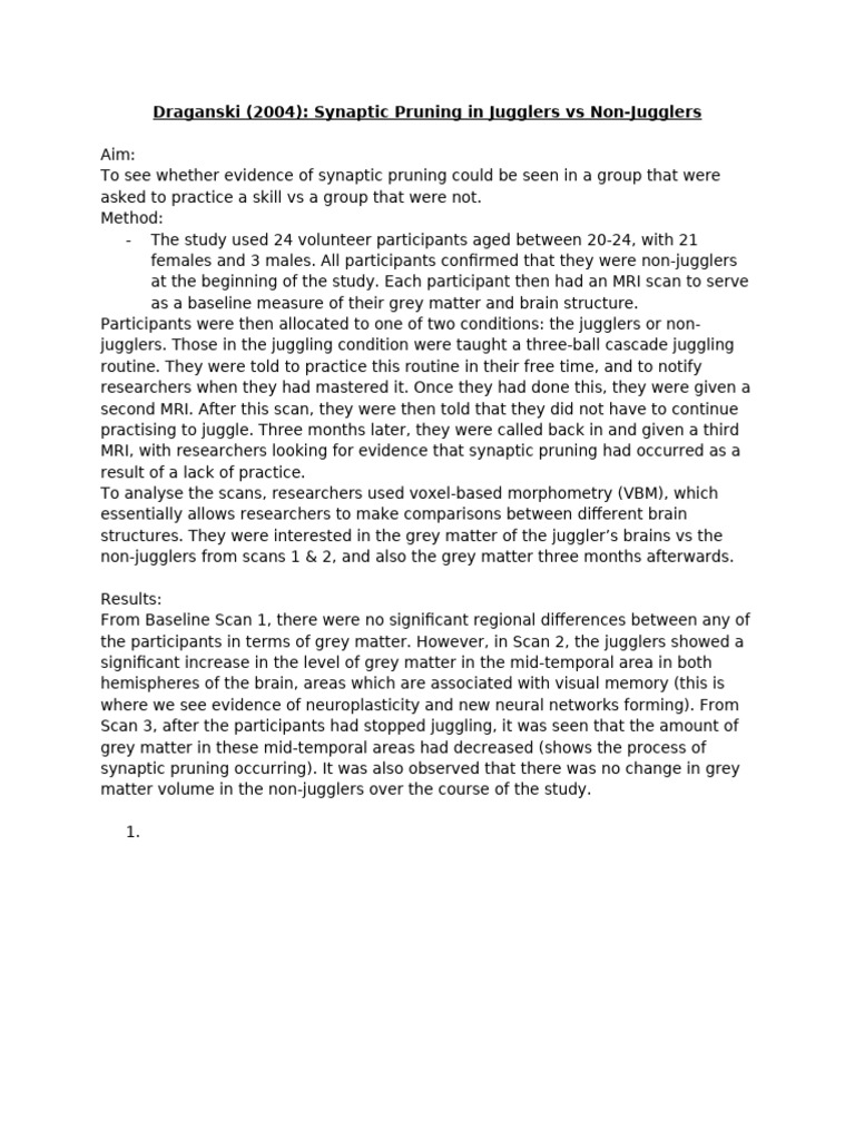 Synaptic Pruning in Jugglers Study | PDF
