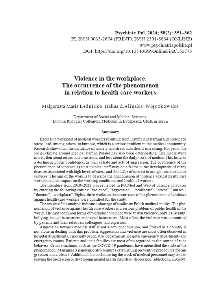 Violence at Work in Health Care Workers | PDF | Violence | Nursing