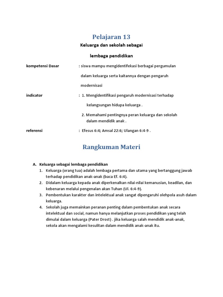 Pelajaran 13 - Keluarga Dan Sekolah Sebagai Lembaga Pendidikan 2 | PDF