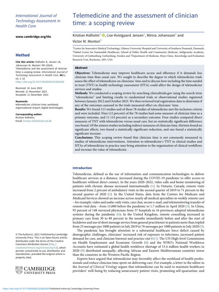 Telemedicine and The Assessment of Clinician Time A Scoping Review ...
