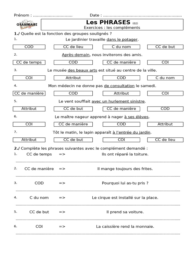 Exercices sur les compléments en français | PDF