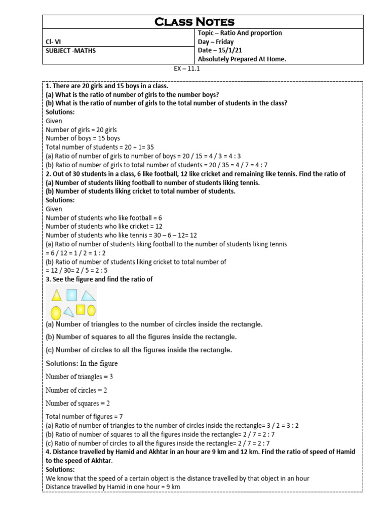 Class 6 Ratio and Proportion Notes | PDF | Speed | Rectangle