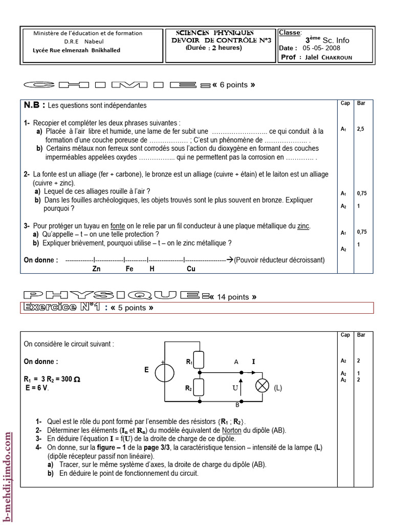 Contrôle de Sciences Physiques: Exercice et Corrigé | PDF | Zinc | Cuivre