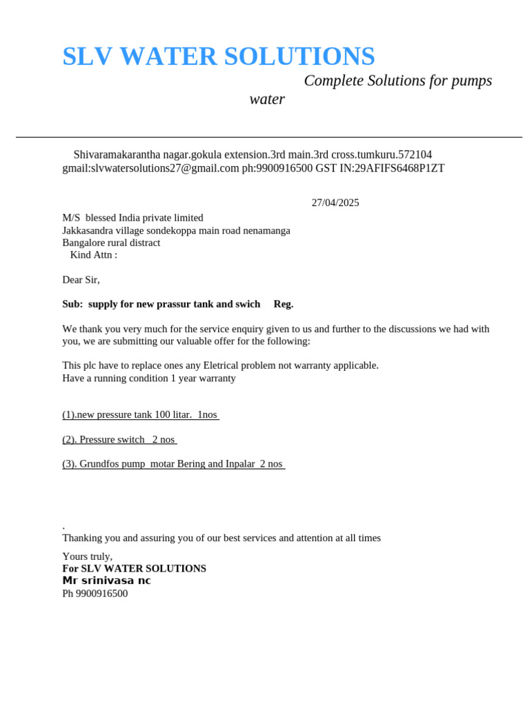 SLV Water Solutions Proposal for Pumps | PDF