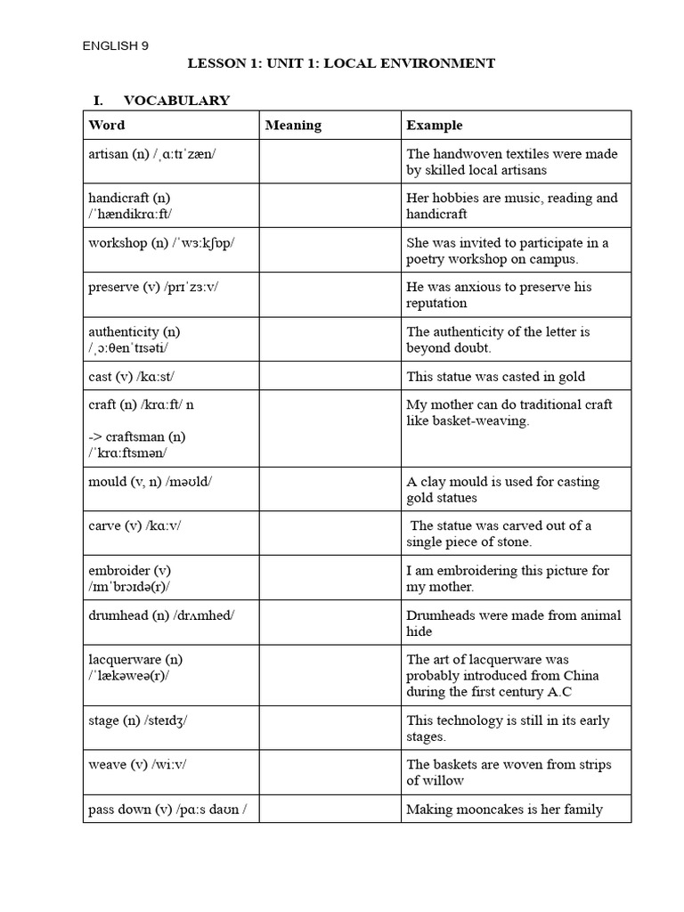 Vocabulary for Local Environment Lesson | PDF | Crafts | Decorative Arts