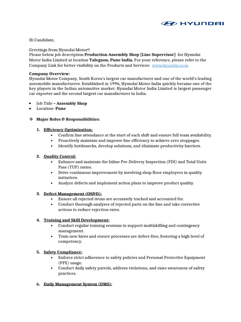 Production Assembly - Line Supervisior JD | PDF | Production And ...