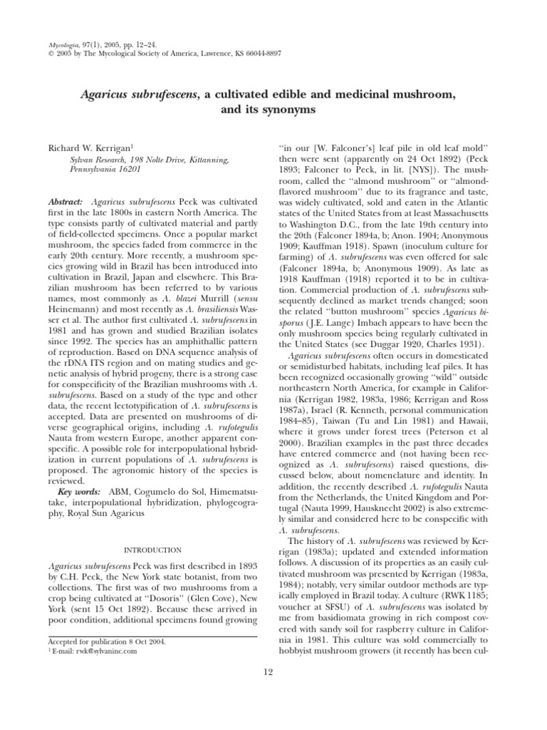 Agaricus Subrufescens, A Cultivated Edible and Medicinal Mushroom PDF