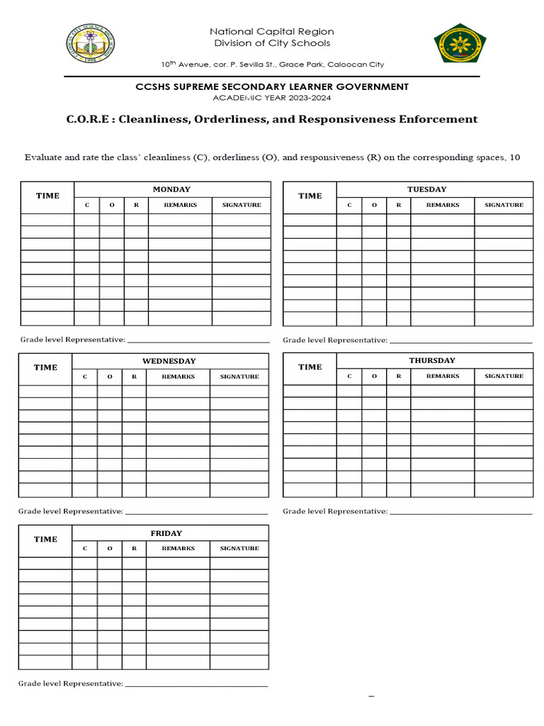 CCSHS C.O.R.E Evaluation Form 2023-2024 | PDF