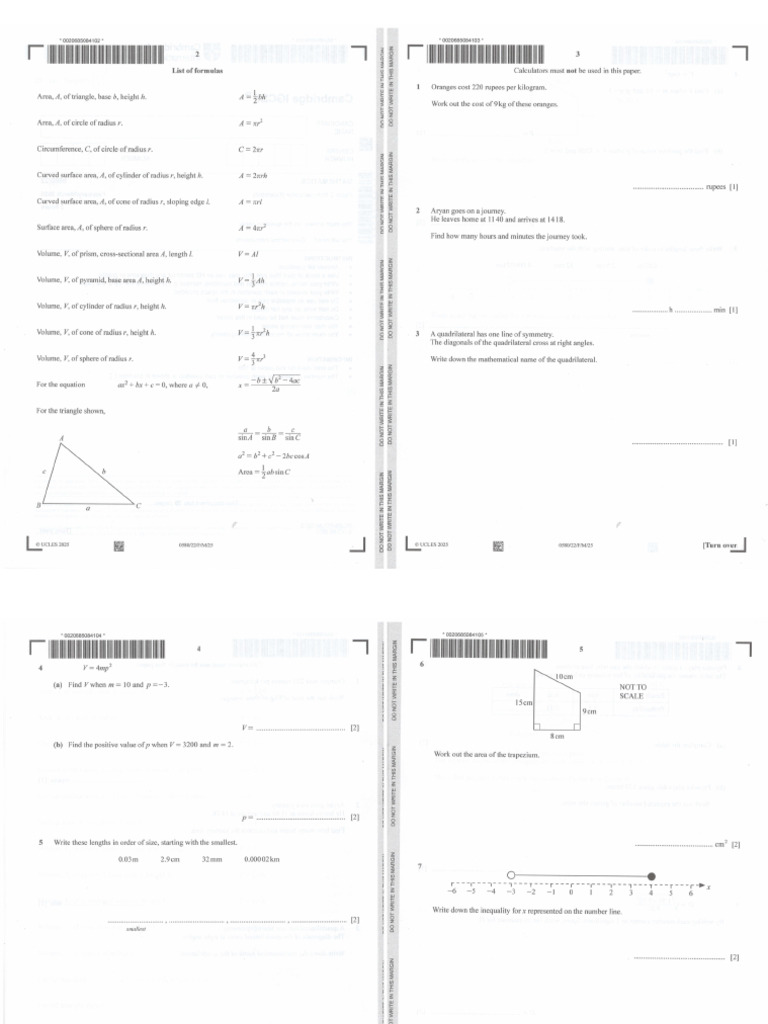 Cambridge IGCSE Mathematics Exam Paper (Non-Calculator) | PDF