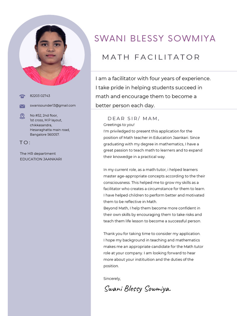 Math Facilitator Application by Swani Sowmiya | PDF | Mathematics ...