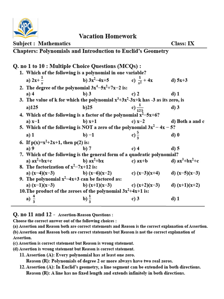 Mathematics Homework for Class IX | PDF | Polynomial | Factorization